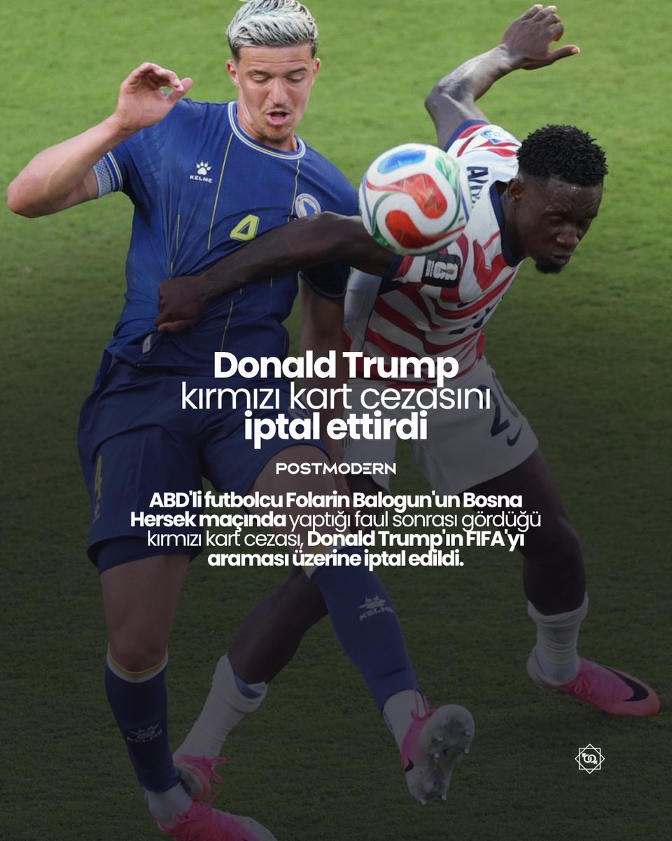 istbassavcisi's tweet photo. DONALD TRUMP ‘KIRMIZI KART’ CEZASINI İPTAL ETTİRDİ — ABD'li futbolcu Folarin Balogun'un Bosna Hersek maçında yaptığı faul sonrası gördüğü kırmızı kart cezası, Donald Trump'ın FIFA'yı araması üzerine iptal edildi.

— Trump: “Doğru olanı yaptığı ve büyük bir haksızlığı düzelttiği için FIFA'ya teşekkür ederiz.”