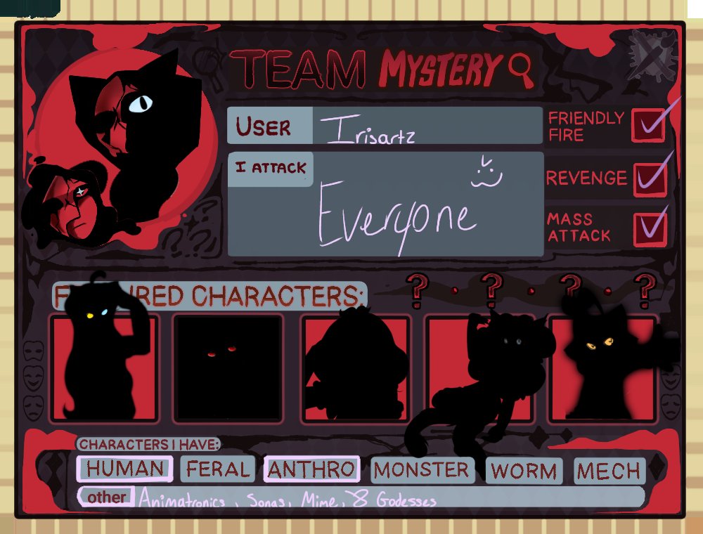 _Irisartz_'s tweet photo. I'm not sure how I forgot to post this lol.. ARTFIGHT IS HERE! BEHOLD TEAM MYSTERY!! #artfight2026 #artfight #teammystery #artfightcard https://t.co/6pFH1FrrS6