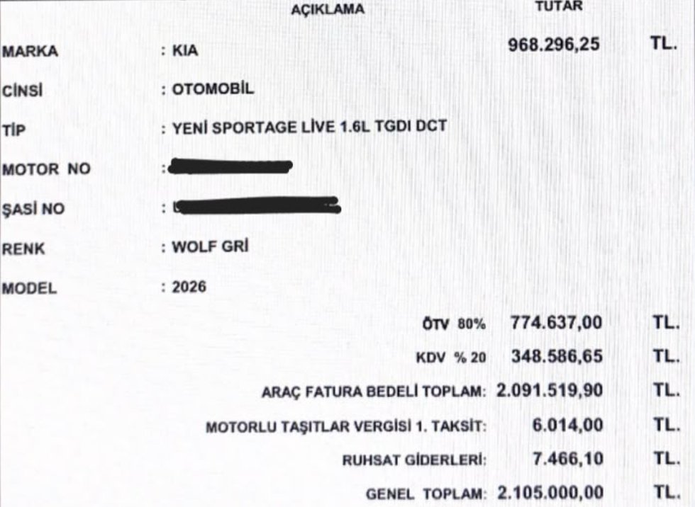 fatihyilmazweb's tweet photo. Örnek satış faturası üzerinden durumu göstereyim.

KIA aracı 968.296 TL’ye satıyor.

ÖTV, KDV ve MTV ile tutar 2.105.000 TL oluyor.

Benim asıl canımı sıkan ise bunun artık gündem bile olmaması. Herkes bu tabloyu normalmiş gibi kabullenmiş durumda. https://t.co/KL0cWDUTbq