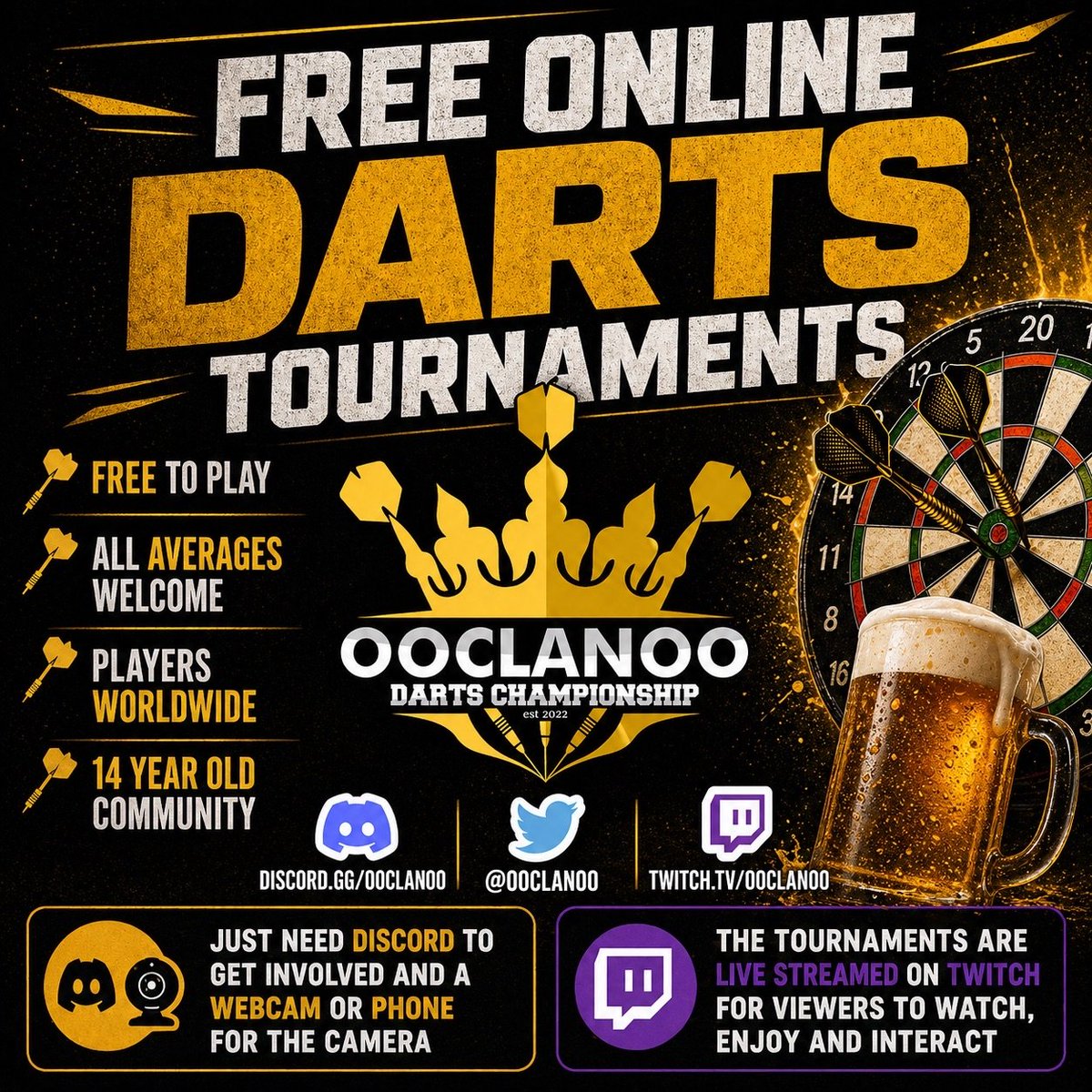 ooCLANoo's tweet photo. LIVE NOW ON TWITCH

Back on twitch after 10 days, hosting an online darts tourney with players all over the world

Come join us in chat - https://t.co/SAPeYpO0R7 https://t.co/nbBRL2v8kF