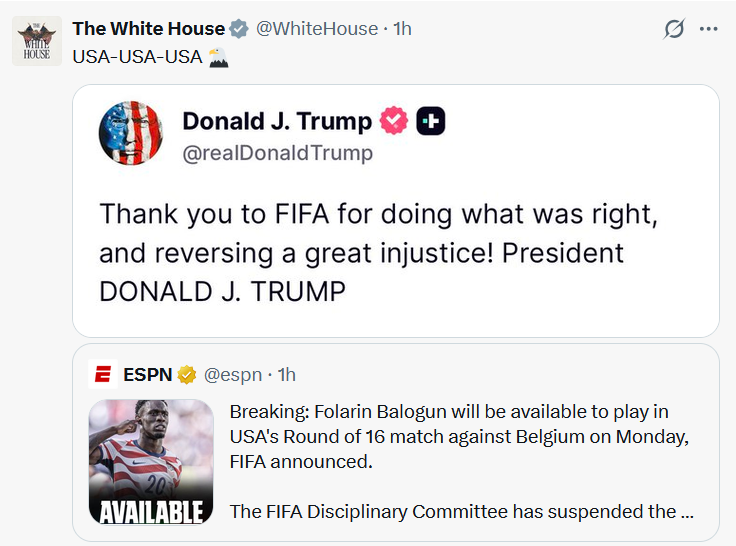 pallonatefaccia's tweet photo. Il giornalista sportivo @JacobsBen afferma che la Casa Bianca ha fatto pressioni sulla FIFA affinché revocasse la squalifica di Balogun. La stessa Casa Bianca sta celebrando la decisione della FIFA sui social media. Un momento vergognoso per il calcio. https://t.co/ovNvk3Vosg