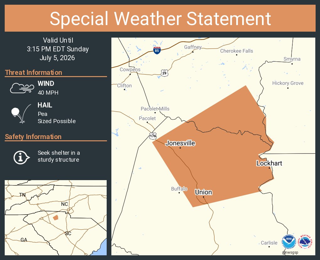 NWSGSP's tweet photo. A special weather statement has been issued for Union SC, Monarch Mill SC and  Jonesville SC until 3:15 PM EDT https://t.co/FsteXvcTcN