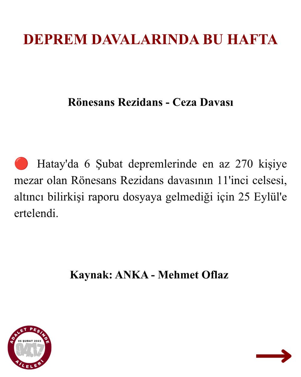 Adaletpesindea's tweet photo. Deprem Davalarında Bu Hafta: 29 Haziran – 5 Temmuz 2026

Her dava, her gün hafızamızda!
#deprem #adalet #sözümüzvar #adaletgelecek

@MehmetOflaz06 https://t.co/pHZbWwaq45