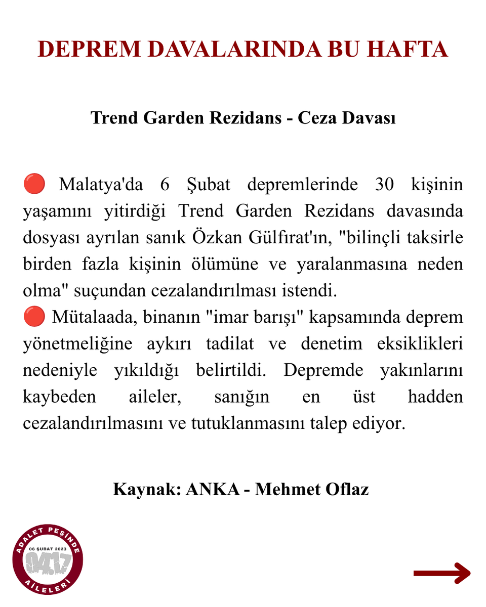 Adaletpesindea's tweet photo. Deprem Davalarında Bu Hafta: 29 Haziran – 5 Temmuz 2026

Her dava, her gün hafızamızda!
#deprem #adalet #sözümüzvar #adaletgelecek

@MehmetOflaz06 https://t.co/pHZbWwaq45