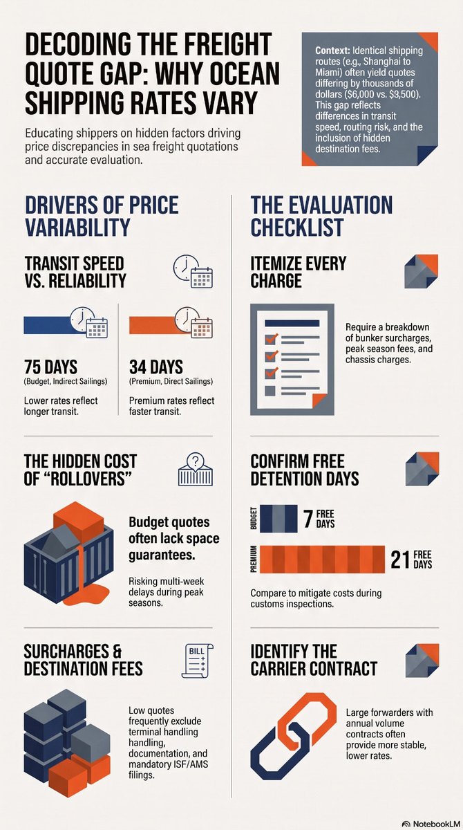 smartguero's tweet photo. Trying to find the lowest China to US ocean freight rate? You currently find price ranges from $6 - 10k. (Route: Shanghai - Miami).

My recommendation: Compare beyond headline price: check included destination charges, fuel surcharges, insurance, and whether space is guaranteed. Lower-priced bookings often face rollovers during peak season. Ask for an itemised fee list and contract terms before committing. Here’s a useful infographic: