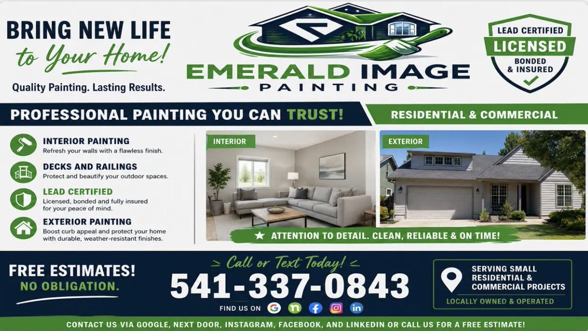 relyksha's tweet photo. Emerald Image Painting is accepting new clients for exterior painting projects. Free estimates are available. Please call 541-337-0843. https://t.co/kjfwZnByUS