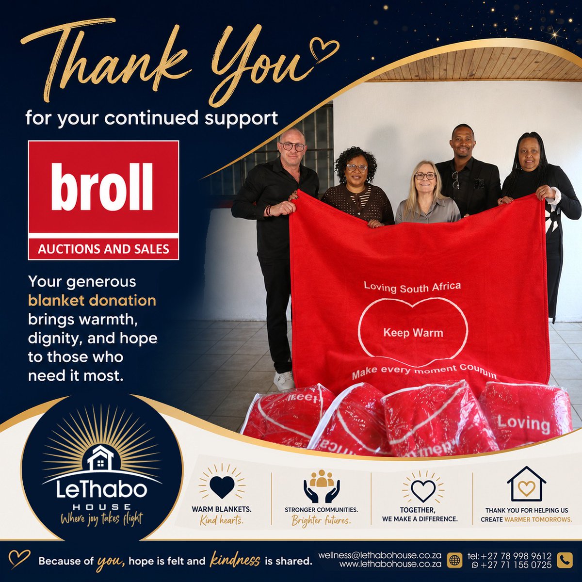 Thabo_Mphate's tweet photo. A huge thank you to Broll for your generous donation of blankets to the Le'Thabo House facilities.

Your kindness has made a real difference in the lives of our clients,ensuring they stay warm and comfortable during these cold winter nights. We are truly grateful for your support https://t.co/9uEfA0Mifu