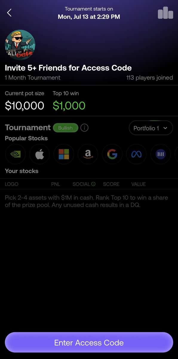 kokocodes's tweet photo. 🚨 Opportunity For Traders 

Join  “ $10k Tourney on @GameStock_app ”

>> Over $10k In Rewards
>> starts July 13th
>> lasts for 1 month

What’s the catch:

 $0 to join 

Join the app and setup your account : head to your profile and click on invite friends to get to invite link.

Come up with any random ref code for yourself Aslong as it is 6 digits,

Share your link and ref code with 5 friends to join you on the app.

Once they do it then join our discord and create a ticket stating you have done this and share the ref code you used: https://t.co/WhJOW29Mrj

Then we will confirm and give you an access code to join this tournament, which top 10 wins $1k each.

You are given $1m virtual capital when you join the tournament and then the trader who makes the most profit with their trades ranks up , you are to select up to 2 to 3 stocks with your $1m and must use it all,

And if you hold your position on top 10 till the tournaments ends then you walk way with $1000,

Start here ⬇️

https://t.co/N5xR40kfCK

Ref code : DEGENS

See you on the leaderboards.