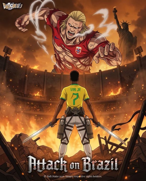 BENCCXIV's tweet photo. Brazil 🇧🇷 Vs Norway 🇳🇴 

Haaland as the armored titan and Vini as Eren https://t.co/hxn8vDI5zR