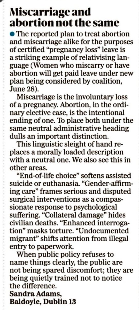 AdamsSandr4794's tweet photo. Abortion and miscarriage are not the same. Proposed 'pregnancy loss' leave flattens the difference using a linguistic sleight of hand.

My letter in today's 
@Independent_ie https://t.co/FE527zqSe9