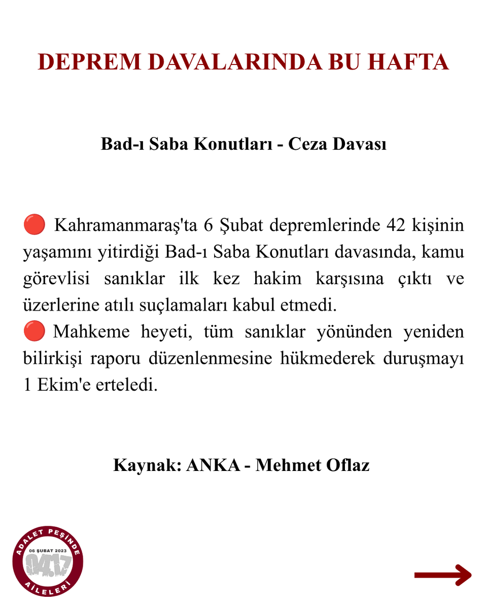 Adaletpesindea's tweet photo. Deprem Davalarında Bu Hafta: 29 Haziran – 5 Temmuz 2026

Her dava, her gün hafızamızda!
#deprem #adalet #sözümüzvar #adaletgelecek 

@MehmetOflaz06 https://t.co/U5pdihXWS8