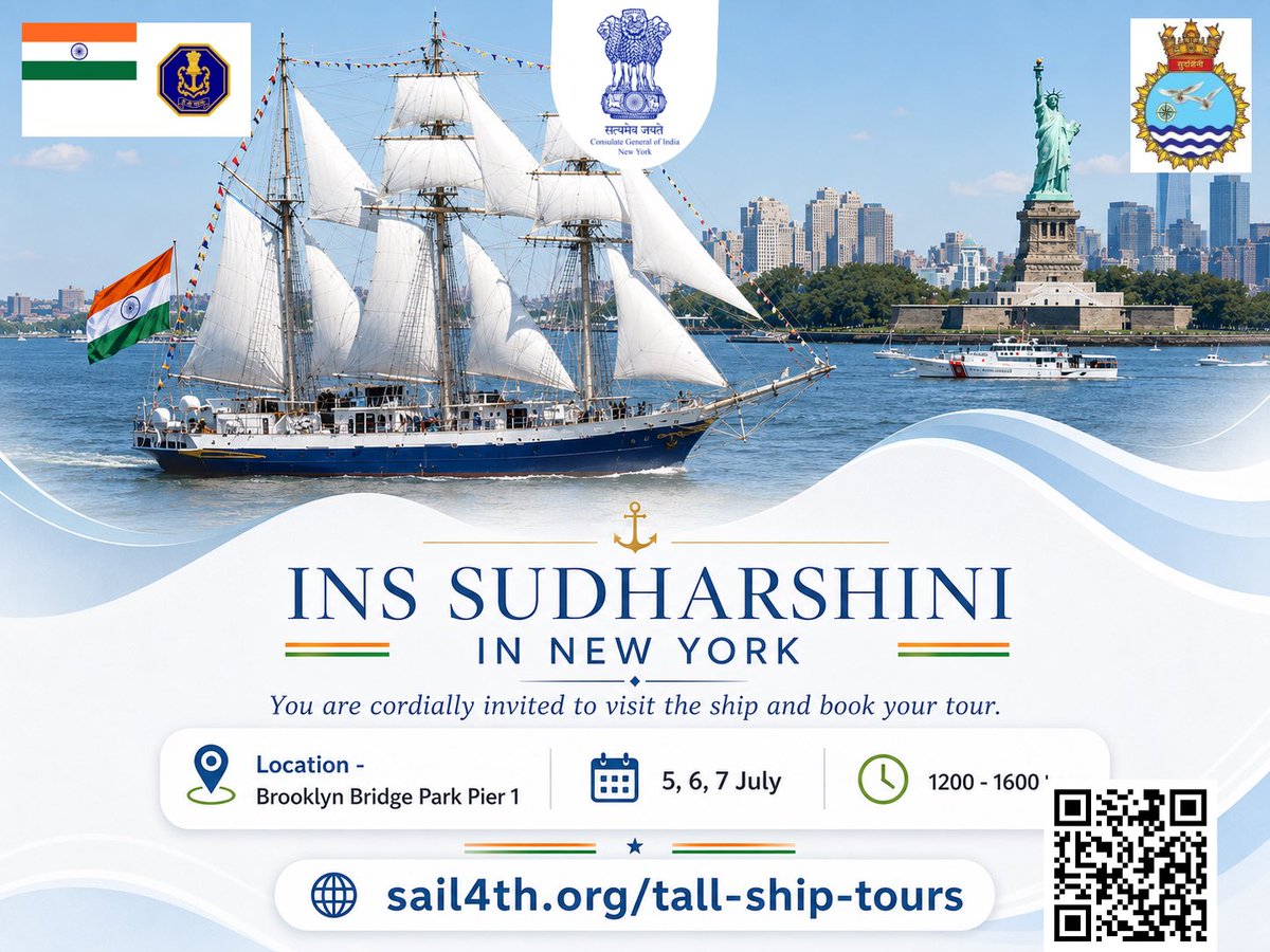 IndiainNewYork's tweet photo. INS Sudarshini is in New York! 

A majestic Indian Navy sail training ship, INS Sudarshini is a three-masted tall ship that trains naval cadets in seamanship, navigation, teamwork, and life at sea.  

You’re cordially invited to visit the ship at Brooklyn Bridge Park Pier 1 on July 5, 6 & 7, 1200–1600 hrs.

Book your tour: https://t.co/OUk8YoetHA

#INSSudarshini #IndianNavy #NewYork 

@indiannavy @MEAIndia @IndianEmbassyUS @IndianDiplomacy @PTI_News @binaysrikant76