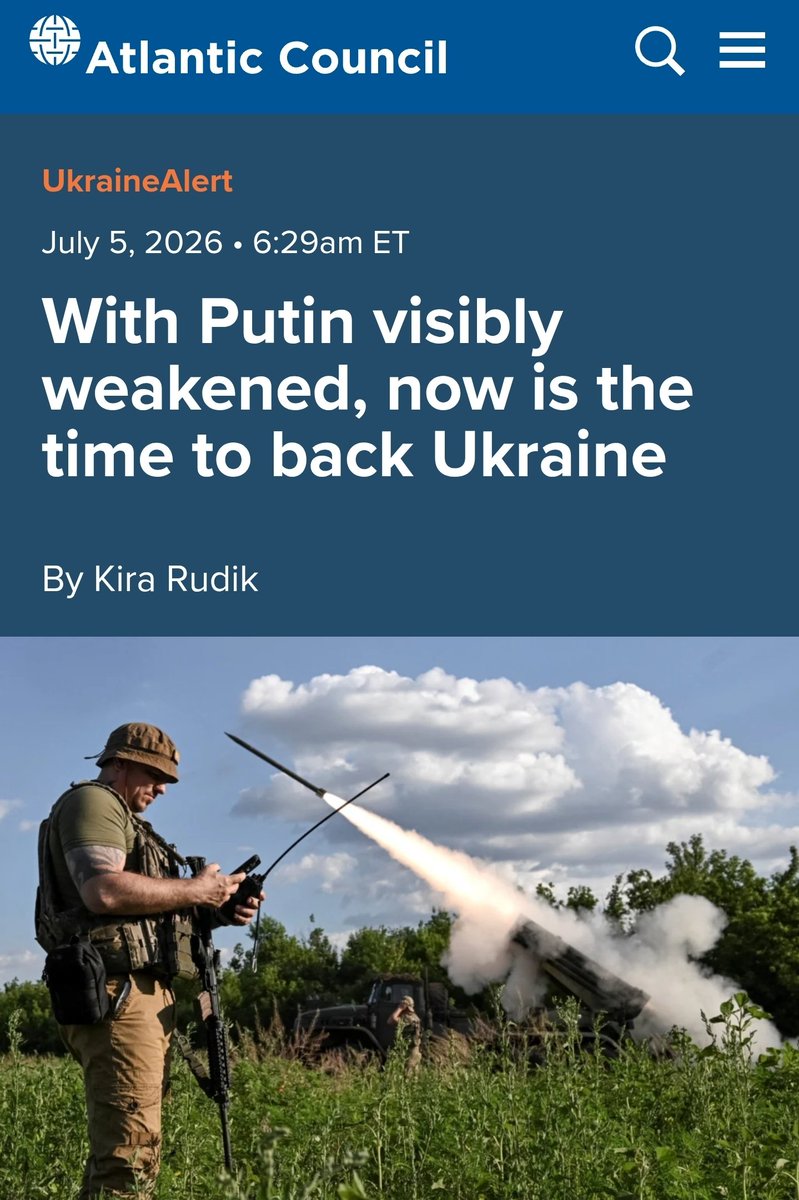 DenShtilierman's tweet photo. The Atlantic Council has published an article by MP Kira Rudyk @kiraincongress entitled "With Putin visibly weakened, now is the time to back Ukraine" — arguing that Putin is now weaker than at any time since the start of the invasion, and that is precisely why now is the time to press the advantage. Thank you for the excellent article; I’ll summarise the key points.

“In 2022, the invading Russian military was so confident of success that some troops reportedly packed dress uniforms to wear during the coming victory parade in Kyiv. Few could have imagined that four years later, Putin would be forced to drastically downgrade Russia’s own traditional Victory Day parade in Moscow due to fears of possible Ukrainian attack.”

From parade uniforms for Khreshchatyk to a parade in Moscow with Zelenskyy’s permission. The entire dynamics of the war in a single paragraph. 

“Since the beginning of 2026, escalating Ukrainian missile and drone strikes on military and industrial targets inside Russia have succeeded in hampering the Kremlin war machine and sparking a fuel crisis that is threatening to destabilize Putin’s home front.”

“Ukraine’s success is directly challenging the unspoken social contract between the Kremlin and the Russian population. For years, Putin has promised ordinary Russians higher living standards while vowing to shield them from the negative consequences of his wars. In return, the general population has been expected to stay out of politics. With Russia’s cities under frequent bombardment and millions of people forced to queue for hours in search of fuel, this informal agreement is beginning to look outdated.”

This is a very accurate observation. Putin’s system is based not on love, but on a deal: you stay out of politics — we won’t let war into your home. Strikes by the Ukrainian defence forces have torn this agreement apart. Every queue for petrol in Voronezh, every fireball above an oil refinery, is a reminder to Russians that the Tsar is no longer honouring his side of the bargain. And a system that fails to keep its own promises cannot survive for long.

“None of this means the war is almost over. On the contrary, Putin has reacted to his declining fortunes by clamping down on domestic internet access inside Russia and escalating attacks on Ukraine’s civilian population.”

“Putin will not stop until he is stopped.”

And this must be repeated to everyone who dreams of a ‘ceasefire’. As it weakens on the front line, Russia always intensifies its terror against civilians and repression at home — this is its unchanging modus operandi. The empire’s weakness does not make it more peaceful. It makes it more vicious. And that is precisely why it must not be given a respite. It must be finished off whilst it is weak.

“While Russia is not on the brink of collapse, there is no escaping the fact that Putin is currently more vulnerable than at any time since Ukraine’s battlefield victories during the first year of the invasion. Western leaders should seek to exploit this weakness in order to secure a sustainable peace by boosting support for Ukraine.”

“If they fail to seize this opportunity, the cost of stopping Putin will only rise.”

This is the formula that every Western capital must take to heart. The price of stopping Putin today is weapons and money for Ukraine. The price of stopping Putin tomorrow is war on NATO territory. History has never seen a case where concessions to empires of evil have led to peace.