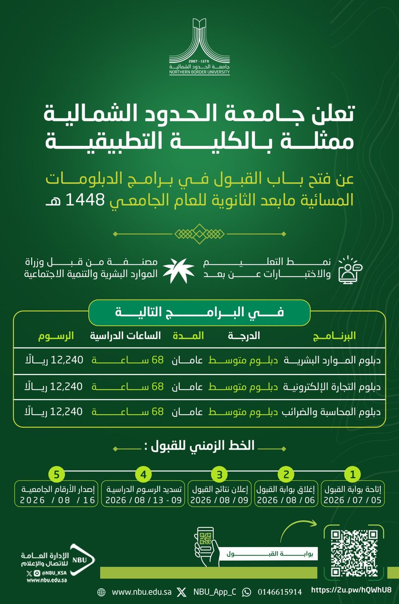 ams4q's tweet photo. تُعلن #جامعة_الحدود_الشمالية عن فتح باب القبول في برامج الدبلومات المسائية للعام الجامعي 1448 هـ ( عن بُعد الدراسة والإختبارات ) دبلومات متوسطة 

بداية التقديم :
5- 7 - 2026 م

نهاية التقديم 
6- 8 - 2026 م

🔗 تفاصيل البرامج المُتاحة وشروط القبول :
https://t.co/uBLFolcxkW

🔗 بوابة القبول :
https://t.co/X9guvFnepk