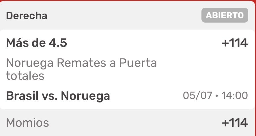 DavoAguilar's tweet photo. Sin duda, este es uno de mis partidos favoritos de esta ronda de eliminación. Me encantan los noruegos para clasificar.

Ambos equipos llegan con números muy sólidos. Creo que el BTTS será la apuesta más popular del día en X, y con razón. Brasil promedia 2.25 goles a favor, mientras que Noruega registra 2.50. Defensivamente, Brasil luce mejor con apenas 0.50 goles recibidos por partido, contra los 2.00 de Noruega. Sin embargo, al igual que sucedía con Canadá, el contexto cambia por completo el panorama.

Recordemos que Noruega disputó un partido sin sus 11 titulares, encuentro en el que recibió cuatro goles. Si excluimos ese compromiso, su promedio de goles recibidos disminuye prácticamente un 50%. Además, los únicos equipos que no lograron marcarle a Brasil fueron Escocia (0.33 goles de promedio) y Haití (0.66), dos de las ofensivas menos productivas del torneo.

Por eso estoy convencido de que Noruega hará sufrir a Brasil. Me gusta mucho el Ambos Anotan y tampoco descartaría un Over de goles.

Otra apuesta que tiene muchísimo valor es el Súper Pago Anticipado. Los dos equipos que le marcaron a Brasil fueron también los que abrieron el marcador. De hecho, Brasil solo tiene un 50% de probabilidad de ganar el primer tiempo, mientras que Noruega registra un 75%. Me parece una cuota que vale la pena aprovechar. Si su casa de apuestas no ofrece el Súper Pago Anticipado, una excelente alternativa es Noruega anota el primer gol (+160), aunque, sinceramente, ese +220 del pago anticipado está demasiado atractivo como para dejarlo pasar.

Otro dato que me gusta mucho: Brasil genera un promedio de 15 remates por partido, de los cuales 6.5 van al arco. Noruega produce alrededor de 11 disparos, con 5.0 a portería. Incluso, los noruegos tienen un 2% más de efectividad en tiros al arco que Brasil. Y ojo, ese porcentaje ya incluye el partido ante Francia en el que jugaron sin sus titulares. La línea de 4.5 remates a puerta de Noruega se paga alrededor de +114, y si Brasil llega a ponerse en ventaja, espero una reacción inmediata de los noruegos, que tendrán que adelantar líneas y buscar el empate.

Les dejo mis apuestas, ordenadas de la que más me gusta a la más arriesgada. La primera es mi apuesta más fuerte del partido.

+100
+114
+114
+222

Que sea un buen día!