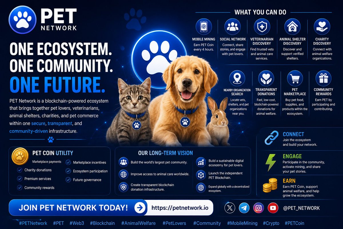 PETNetworkX's tweet photo. 🐾 One Ecosystem. One Community. One Future.
PET Network is building a secure blockchain-powered ecosystem where pet lovers can connect, mine, earn, donate, and support animal welfare—all in one platform.
🌍 Connect • ⚡ Engage • 💰 Earn
 https://t.co/KmFoAR7BLq⁠�
#PETNetwork https://t.co/I0Y0oEjxXd