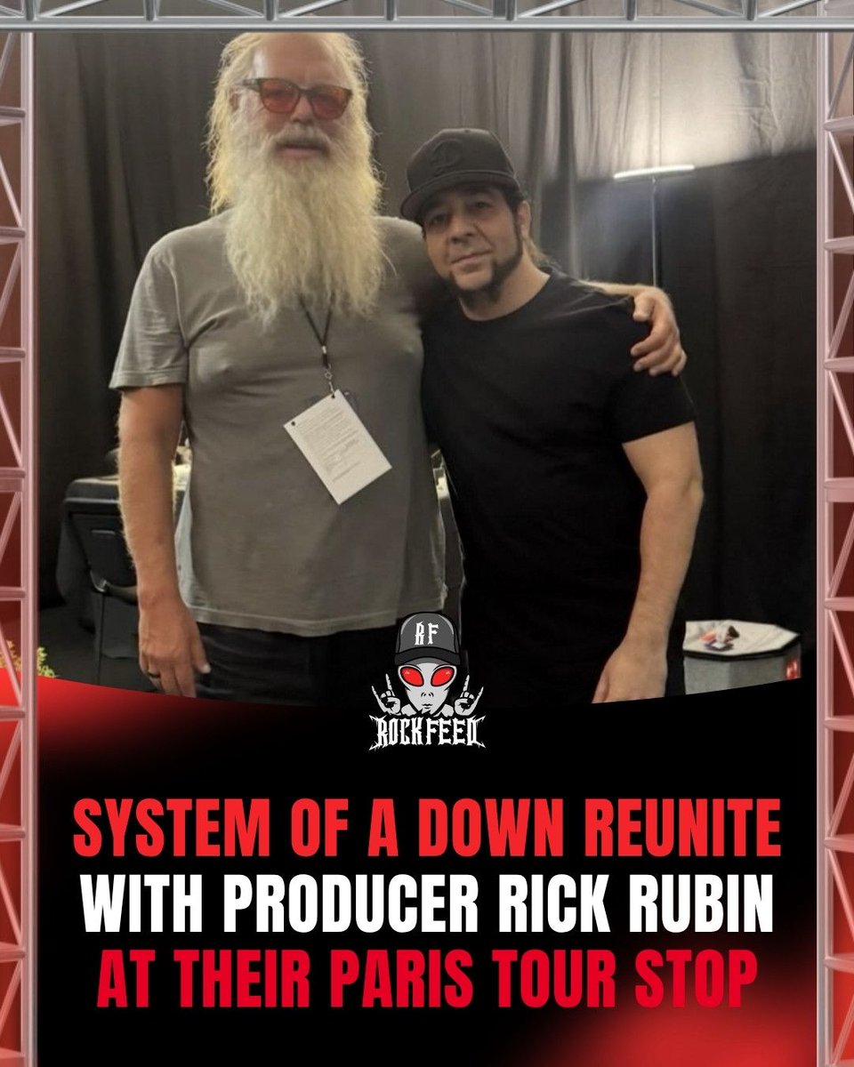 RockFeedNet's tweet photo. System Of A Down's Daron Malakian linked up with legendary producer Rick Rubin backstage in Paris. Rubin produced every one of the band's studio albums, and with no new record since 2005, fans are already dreaming out loud. https://t.co/xix8JSPIx9