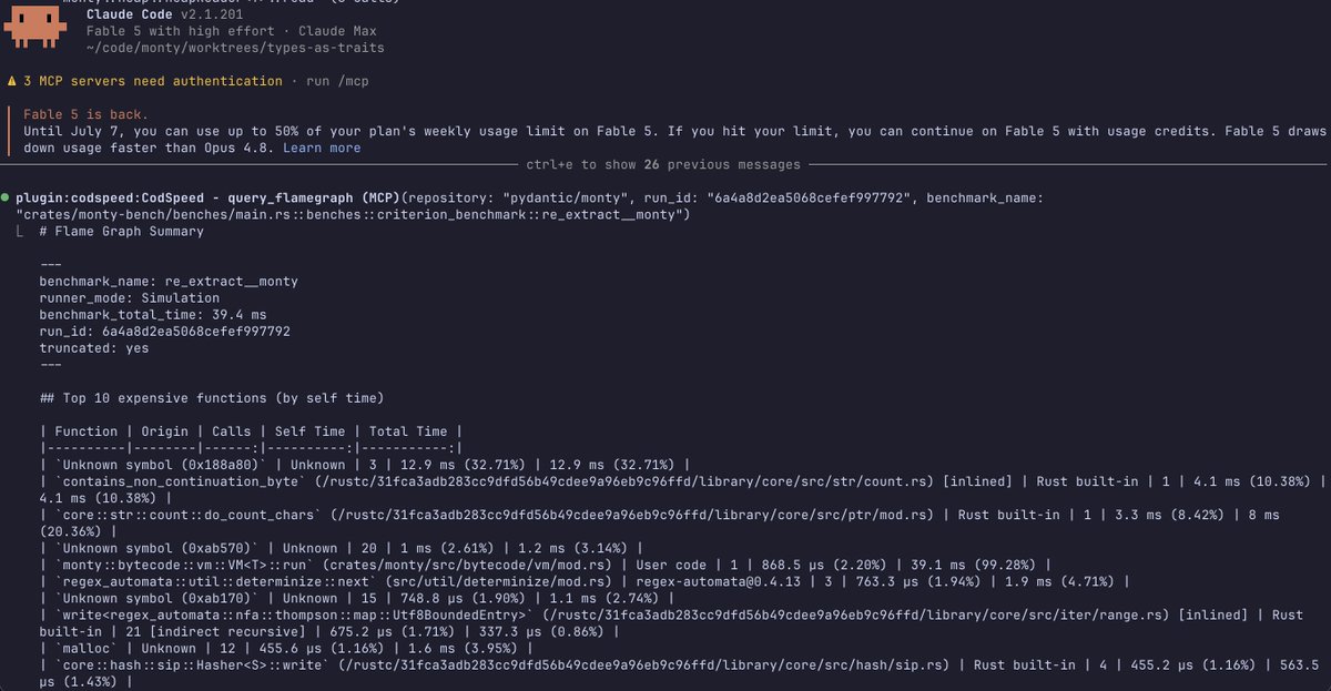 samuelcolvin's tweet photo. Performance work with @codspeed's MCP server feels like a cheat.

Instead of stumbling round in the dark with a machete, attempting to hack at random patches of code, Fable and I are a sniper - the MCP tells me which code is slow, we figure out how to make it fast. Rinse. Repeat.
