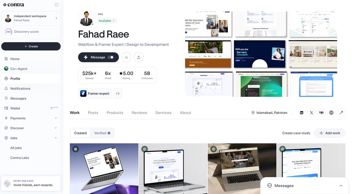 raee_fahad's tweet photo. Started my journey on @contra in 2026.

Today, I'm grateful to have crossed $25K+ in earnings as a UI/UX Designer, Webflow Premium Partner, and Framer Expert. 🚀

Every milestone is built on trust, consistency, and amazing clients.

Here's to the next one! 🙌  
https://t.co/Er7R9LI8Um

#Contra #Webflow #Framer #UIUX #Freelancing