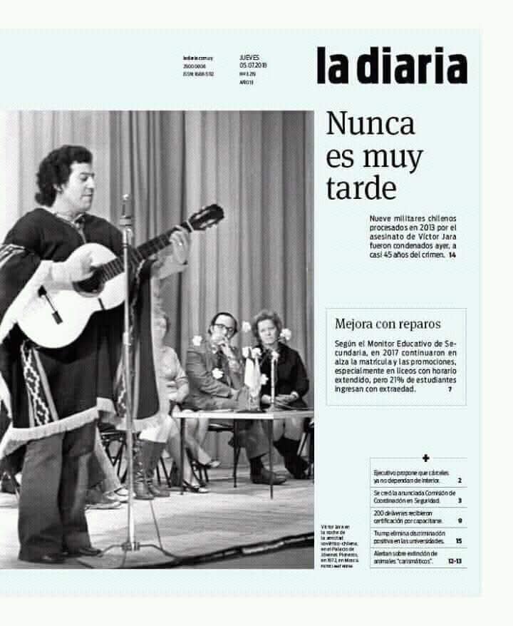 RadioUmbral's tweet photo. Portada del periódico La Diaria de Uruguay, edición 5 de julio de 2018! 
La condena a 45 años para 9 militares chilenos por el asesinato de Victor Jara https://t.co/OXoIIWcFKd