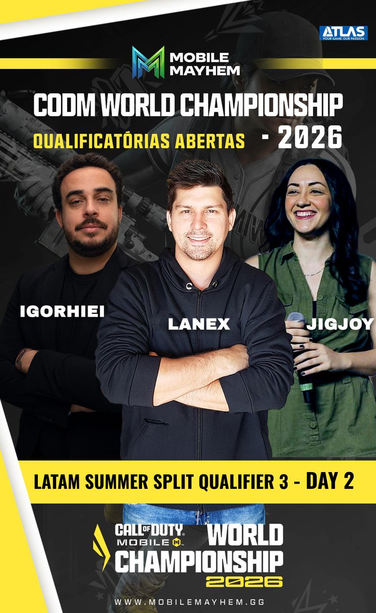MobileMayhemGG's tweet photo. A jornada rumo ao Campeonato Mundial continua. 🔥

a segundo dia da Qualificatória 3 do Summer Split da LATAM está AO VIVO, e a competição está esquentando à medida que as equipes lutam para manter vivos seus sonhos de chegar ao Campeonato Mundial da @PlayCODMobile 🏆🏆

🎙️Comentaristas:
@IgorLanex 
@JigJ0y 
@igorhiei 

📺 Assista ao vivo em https://t.co/5Jk1XyrSYA

Quem mais te impressionou até agora? 👀

#CODMWorldChampionship #MobileMayhem #CODMWC2026
