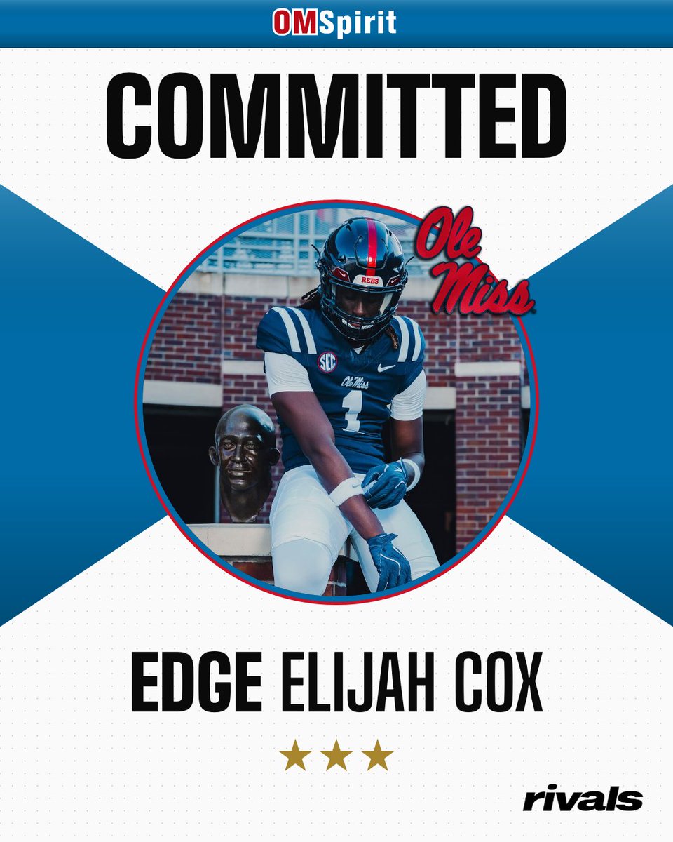 Zach_Berry's tweet photo. BREAKING: Ole Miss lands EDGE Elijah Cox — Randall Joyner beats out Clemson, Georgia Tech, FSU, Mississippi State and Purdue for the Georgia pass rusher 🦈 

READ: https://t.co/CWq3Ov8g2t https://t.co/6Rw3NjiunJ