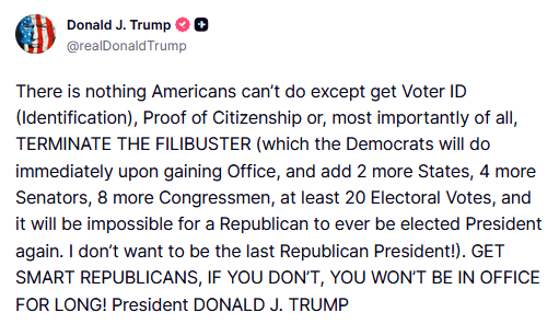 SaltyGoat17's tweet photo. WTF is wrong with Senate Republicans?

They know Trump is right and if the Democrats get back in power they will immediately nuke the filibuster!!

Democrats are falling apart and, as usual, Republicans don't have have balls to do what needs to be done

They want the uniparty just like it is