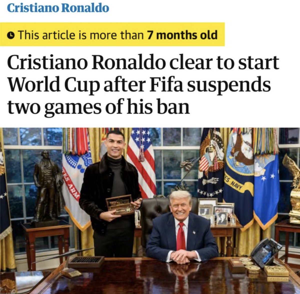 ManagerTactical's tweet photo. FIFA needs to stop benefitting the USA 🇺🇸
They cleared the great American forward, Cristiano Ronaldo, to play earlier in the World Cup.

They also didn’t give the great American player, Messi, a red for this awful hit.

It needs to stop, they only benefit the 🇺🇸 https://t.co/ckXjOzTWSL