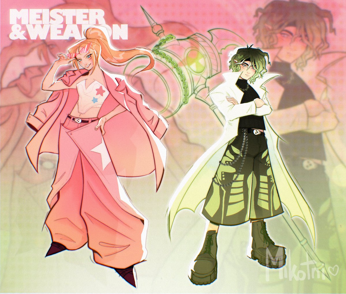 Mikotonii's tweet photo. #needyoursauce soul eater au + some fun outfits 
Katie is the meister and Multi the weapon!  
(tbh maybe I should’ve made Multi be a nuclear missile she can just throw around or something)
 #youngmulti #qsmp #qsmpfanart #katieb https://t.co/0SHoTVXCRt