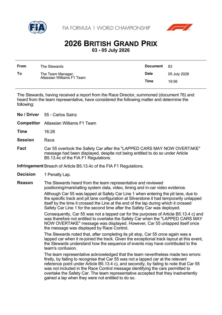 F1BigData's tweet photo. Carlos Sainz has been given 1 PENALTY LAP, for unlapping himself when not entitled to do it https://t.co/Ypchz9FVZE