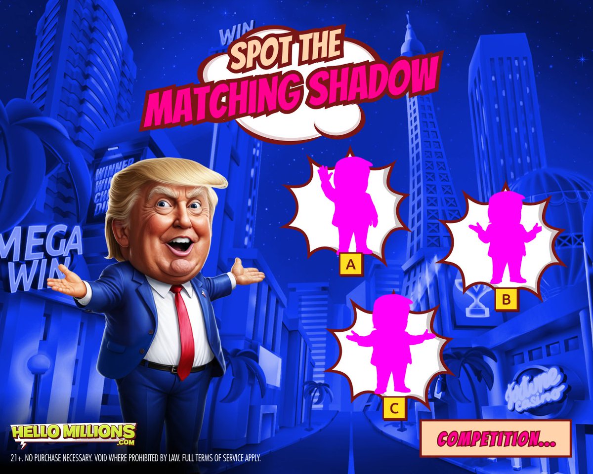 OhHelloMillions's tweet photo. Want to win GC 40,000 + FREE SC 20 with the Trump It Bonanza x1000 slot?

Pick the correct shadow to be 1 of 10 selected. 👤​

Comment A, B, or C + #HelloCompetition to participate.

Ends Jul 5, 11:59 PM PT.

Hello Fun. Hello Wins. #HelloMillions. 💎

Play Now! LINK IN BIO! 📲 https://t.co/QGuBpOSVCA