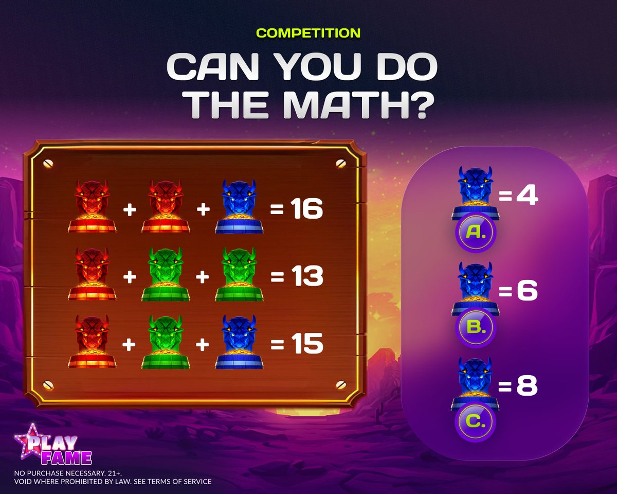 playfamedotcom's tweet photo. This buffalo math challenge is calling your name. 🦬

Take a close look at the puzzle from 3 Big Barrels Buffalo. 👀

Tell us: what’s the value of the 💎? 🤔

Comment your answer + #FameCompetition. 💬

🎁 1 of 10 to WIN GC 40,000 + FREE SC 20!

Ends Jul 5, 11:59PM PT.

Ready. Set. Spin! ✨