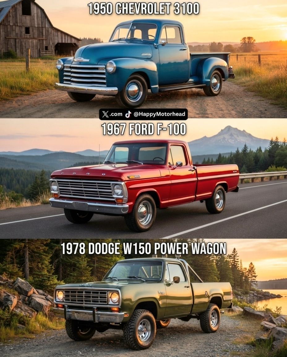 HappyMotorhead's tweet photo. Top, Middle, or Bottom? π₯
1950 Chevrolet 3100
1967 Ford F-100
1978 Dodge W150 Power Wagon
Which truck are you daily driving into the sunset? π
#ClassicTrucks #TopMiddleBottom #VintageTrucks #PickOne #ChooseYourRide https://t.co/72kK91wY3l