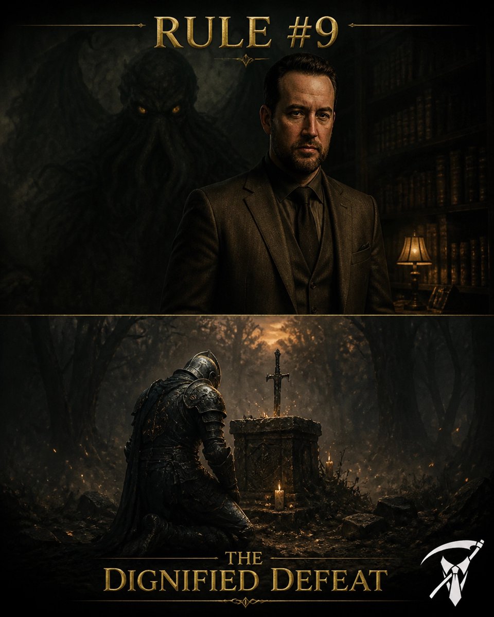 Baelzee's tweet photo. Rule #9: The Dignified Defeat. A gentleman does not rage. He accepts the death screen with a quiet nod and returns with composure. Grace in loss is the true measure of a man. #GentlemanBerserker #EldenRing #Soulslike https://t.co/aqHXvLOJiB