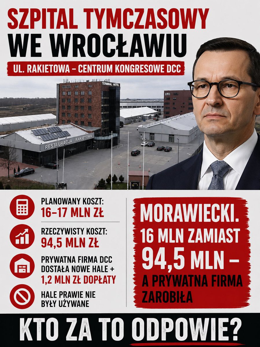 PaniNaSzpilkach's tweet photo. Poseł  @Dariusz_Jonski 
jak walec na budowie rozjeżdżał pisowską narrację w programie u @KBiedrzycka💪
Przypomniał jak PiS „dbał” o Polaków podczas pandemii. 
We Wrocławiu na terenie prywatnej firmy Dynamic Congress Center (DCC Rakietowa) wybudowano szpital tymczasowy decyzją wojewody PiS Obremskiego – w ramach programu Morawieckiego.
•  Miał kosztować 16–17 mln zł
•  Kosztował 94,5 mln zł
•  Państwo płaciło prywatnej firmie 830 tys. zł miesięcznie czynszu
•  Wybudowano dwie nowe hale za publiczne pieniądze – prawie nigdy nie były używane
•  Po zamknięciu szpitala PiS podarował te hale prywatnej firmie + dorzucił jeszcze 1,2 mln zł z góry
Prywatny biznes zarobił fortunę.
Państwo straciło prawie 100 milionów.

Dziś ci sami ludzie krzyczą o „aferach Tuska”, żeby zagłuszyć własne. Stary numer PiS.
240 AFER PiS
120 MLD ZŁ
#AFERAZONDACRYPTO
Ponad 200 tysięcy nadmiarowych zgonów. 
Tego bólu nie przykryje żadna rolka papieru ani żaden polityczny happening @DorArciszewska 
@mhorala 😡

Brawo @Dariusz_Jonski 👏

#SzpitalTymczasowy #Wrocław #AferyPiS #Morawiecki 
#ZondaKrypto