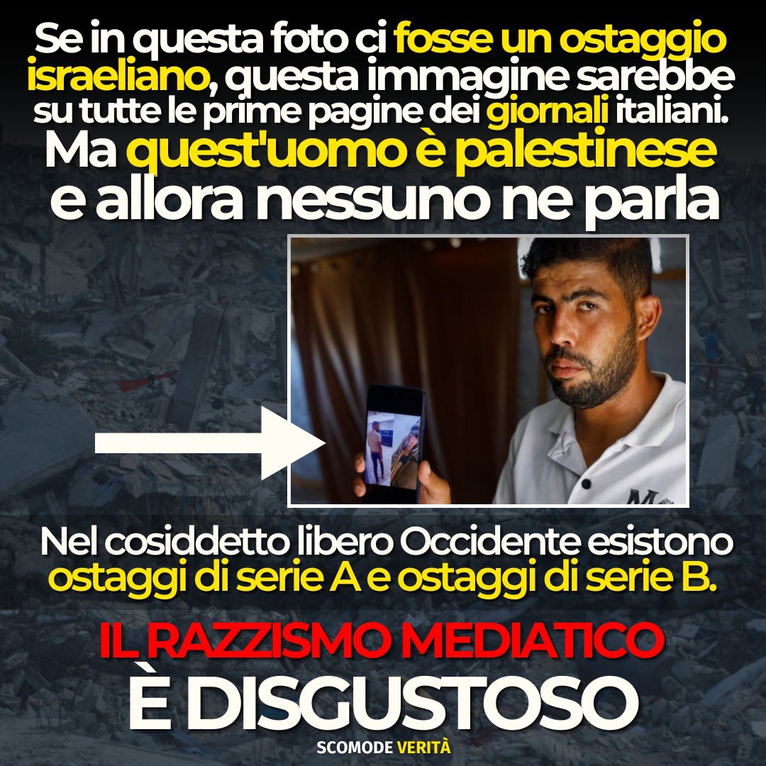 ale_dibattista's tweet photo. Nel cosiddetto libero Occidente esistono ostaggi di serie A e ostaggi di serie B. Non c’è nulla di più disgustoso del razzismo mediatico. Leggete qui 👉 https://t.co/tWyLlhENCH e iscrivetevi al mio canale Substack https://t.co/uFsaRJ4tU4