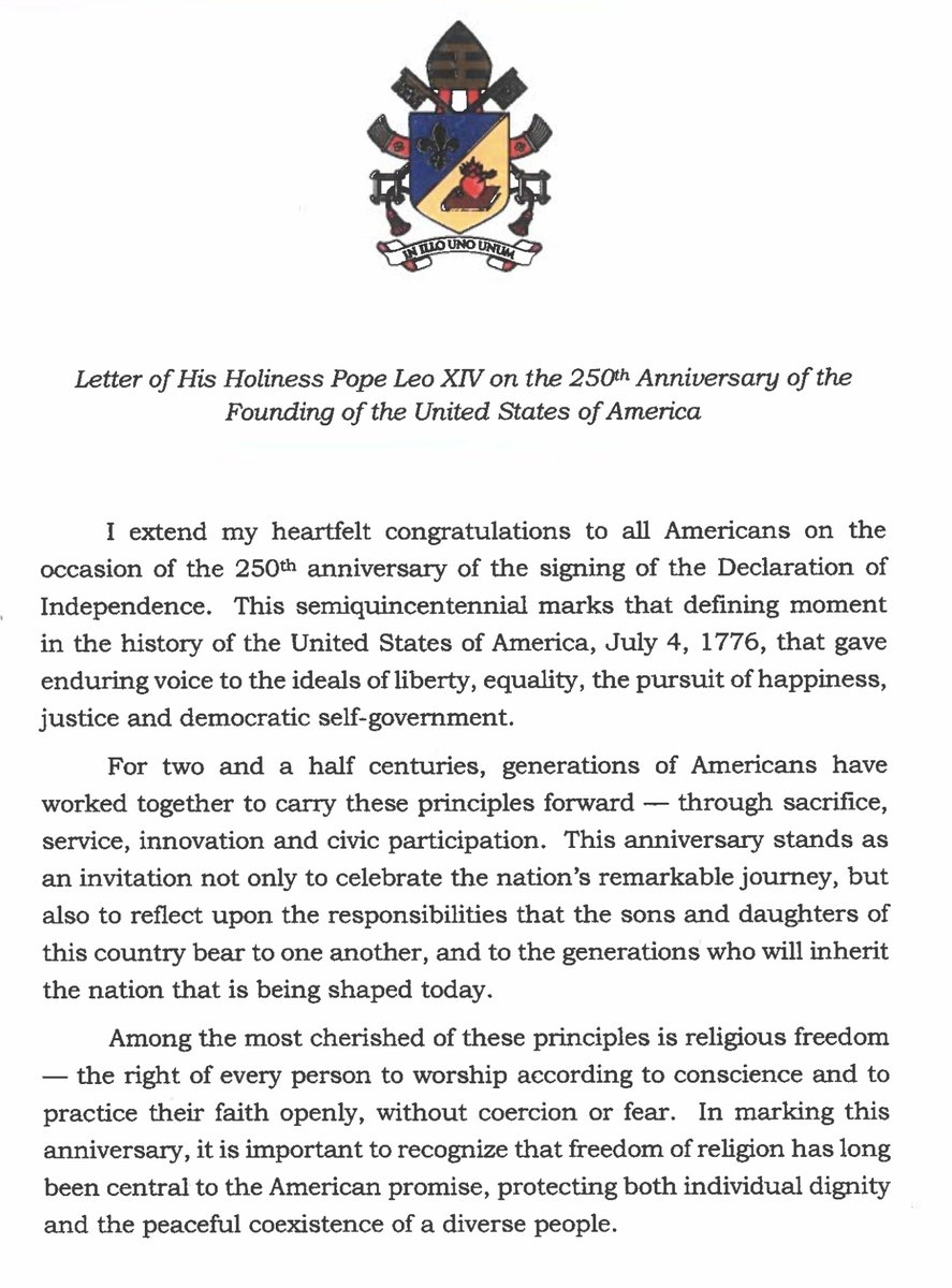 roccopalmo's tweet photo. In a perfect Stateside Catholicism, a Chicago-born Pope's Letter to mark US' 250th would've been read at every single weekend Mass, coast to coast....

In reality, 5% "circ" would exceed expectation.

Lest your Pastors missed it, Church, "Tolle Lege" 🇺🇸🇻🇦 https://t.co/a5nWzkr97I https://t.co/q133j262x4