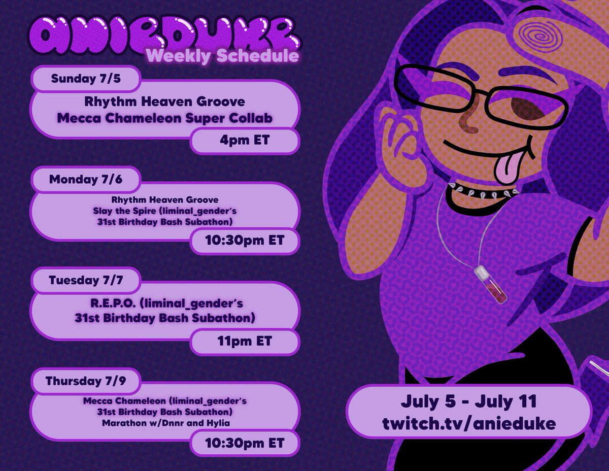 AnieDuke's tweet photo. 🗣️SCHEDULE DAY! 

You’ll be seeing me a LOT this week! We have more Rhythm Heaven Groove and Marathon PLUS a BIG Mecca Chameleon collab and even MORE collabs (Slay the Spire 2, REPO, &amp; Mecca Chameleon) at Lim’s cave for their 31st Birthday Bash Subathon! 🥳🎉

See you soon! :3 https://t.co/mHaOZMcTCr