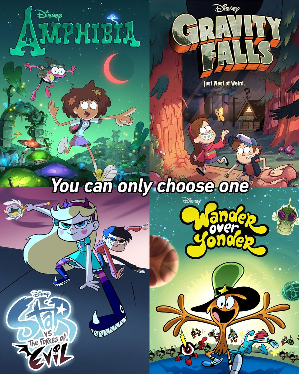 DisneyTVA's tweet photo. Hardest. Decision. Ever. 

🎥: Gravity Falls, Star vs.The Forces of Evil, Wander Over Yonder, Amphibia https://t.co/drduO6hkQI