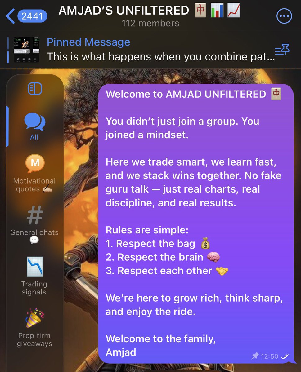 Hghginger's tweet photo. My 1,000+ member Telegram group was hacked and deleted.

I rebuilt from zero. 100+ traders rejoined in 48 hours.

AMJAD’S UNFILTERED 🀄 

Trading education, risk management, and free motivational quotes daily.

Join: https://t.co/Zxzd1hEp38… https://t.co/UT7TunZtUM