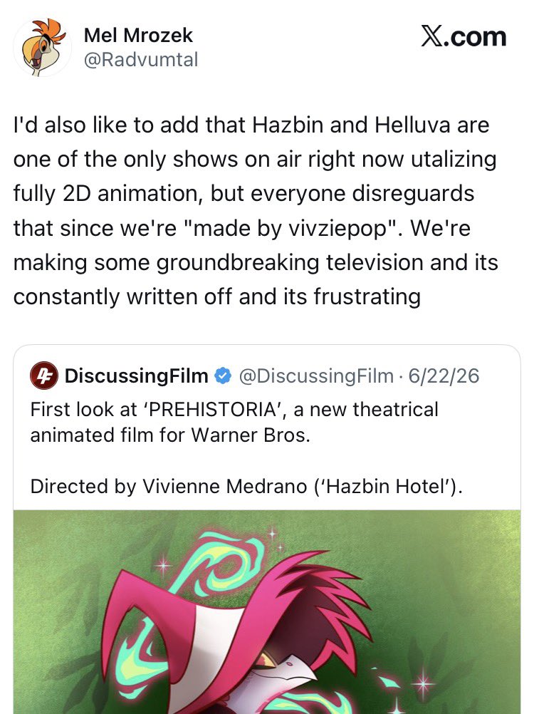 T_Marie60's tweet photo. I’m sorry I have to laugh but these two shows aren’t exactly “ground breaking” mind you Vox machina and mighty nein also use 2d animation 
Ppl don’t disregard them bc they’re“made by vivziepop” but the racist caricature of alastor, and having a racist va who’s said the n word https://t.co/K3Gsw8nmLX