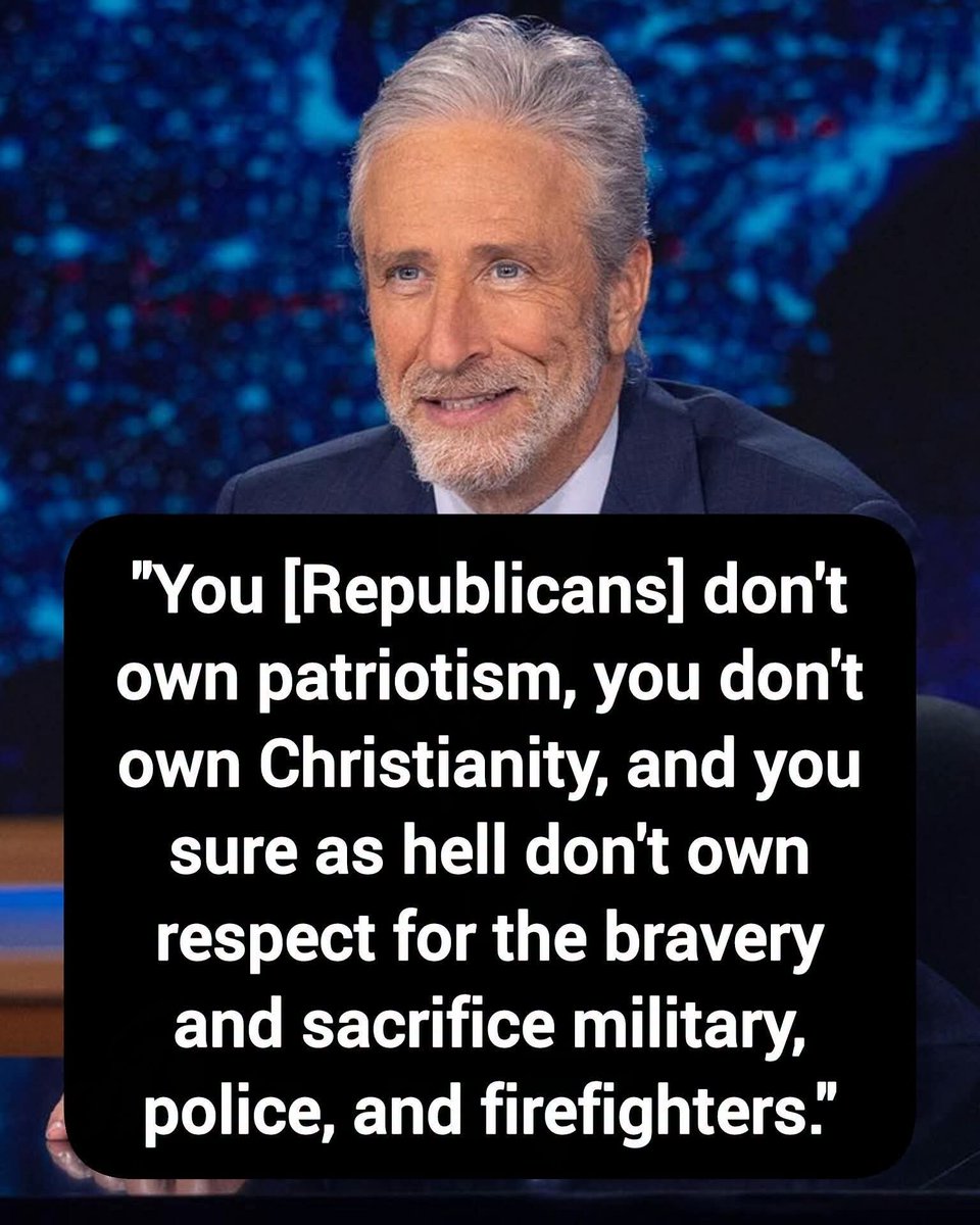 DOGEQEEN's tweet photo. 🚨Jon Stewart goes after Republicans: "You don't own patriotism, you don't own Christianity, and you sure as hell don't own respect for the bravery and sacrifice military, police, and firefighters."

Thoughts? https://t.co/64Ik3pAbfH