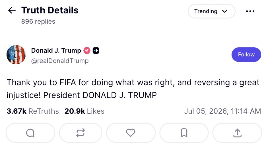lopezdoriga's tweet photo. La FIFA dejó sin efecto la sanción de un partido por tarjeta roja a la estrella estadounidense Folarin Balogun, por lo que el delantero estará habilitado para jugar contra Bélgica, en el duelo de octavos de final del Mundial 2026.

Y así agradeció Trump. Les digo.

Más en https://t.co/xWxnQ3nYtN
