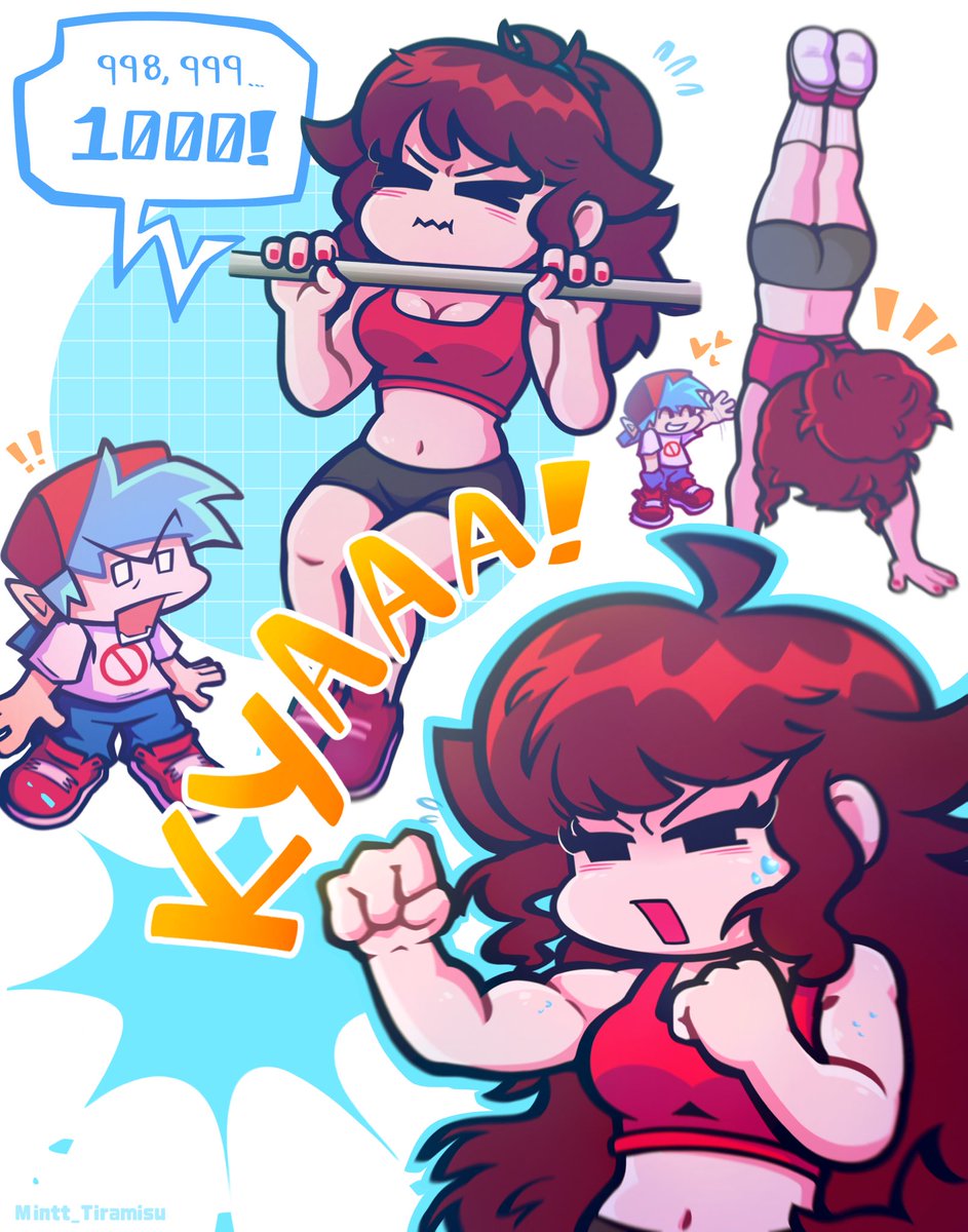 mintt_tiramisu's tweet photo. first batch of requests for what workouts i should draw Girlfriend doing! :D ill try to start the next soon #FridayNightFunkin #FNF #art https://t.co/RGfNqRqaOh