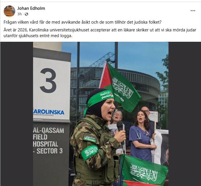 trotzenfeldt's tweet photo. Om inte sanningen räcker för att uppröra finns alltid AI ...

Facebook ger ingen möjlighet att anmäla genererade bilder. Men man kan anmäla dem som "falsk information" om man orkar. Jag gjorde det gällande nedanstående. För nej, ingen stod förstås utanför Karolinska i full Hamas-mundering (fast det är, som någon påpekade, egentligen Saudis flagga (!)) och krävde att människor skulle mördas på grund av sin folkgrupp.

Jag har lite svårt att få grepp om den legitima kritiken mot demonstrationen. Om jag förstår det rätt gäller upprördheten dels placeringen, dvs utanför KS, och dels att vissa av demonstranterna hade arbetskläder på sig. 

KS har varit supertydliga: De äger inte trottoaren där manifestationen ägde rum, och hade därför inget inflytande över polisens beslut att ge tillstånd. När det gällde rätten att bära arbetskläder verkar det murkigare, och de säger sig beredda att föra "dialog" ... 

Det trista med allt raseri är att det tagit oss bort från den verkliga sakfrågan:

Israels vidriga fängslande och tortyr av Abu Safiya och mängder av andra palestinska läkare och vårdpersonal. När jag ser alla tokförbannade högermänniskor som är bekymrade över att någon Israel-entusiast kanske känner obehag när den går in genom huvudentrén  tänker jag bara att dafack. 

Obehaget är poängen!

Vi SKA känna obehag över Israels terror mot journalister och vårdpersonal. Vi SKA bli förbannade när de våldtar läkare till döds. När de bombar en kirurgs tält så att nio av hennes tio barn dör. Vi ska vara rasande över att Abu Safiya är på väg att mördas. 

Det är inte meningen att en massa hycklande kristdemokrater ska sitta och vara låtsaskränkta över huruvida det hängde ett stetoskop runt en talares nacke - det är meningen att det ska göra ont i hjärtat över de avskyvärda gärningar vi i Väst accepterar. 

Vi kan inte hindra dem, förstås. 

Men vi kan konstatera att deras "kristendom" inte längre har i princip något alls gemensamt med den Jesus från Nasaret stod för. Partiet har utvecklats till vår tids fariséer.  

Och vi kan anmäla dem till fejjan när de bryter mot åttonde budordet om falsk vittnesbörd.

Länkar nedan 👇

https://t.co/AYdFxSpbLG