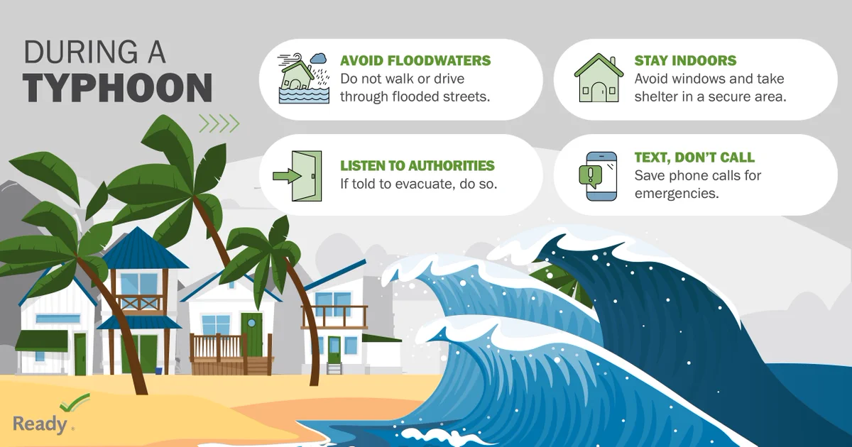 Illustration of a coastal village with palm trees facing a large typhoon wave and safety tips for avoiding floodwaters and staying indoors.