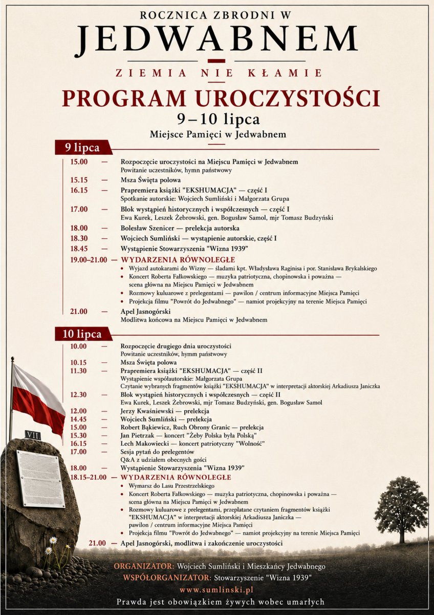 w_sumlinski's tweet photo. Tę grafikę warto udostępnić - bo takiego wydarzenia dotąd nie było!🔥 9 i 10 lipca pojawimy się w Jedwabnem, by domagać się prawdy... i godności. Godności pomordowanych - i godności nas, żyjących dziś.🕯️

Do zobaczenia!🇵🇱
---
Dostrzegających dziś, z jak wielkim rozmachem przygotowywane są tegoroczne uroczystości rocznicowe niemieckiej zbrodni - zachęcam do wsparcia organizacji tegorocznego wydarzenia:
https://t.co/DEAB0lazZY