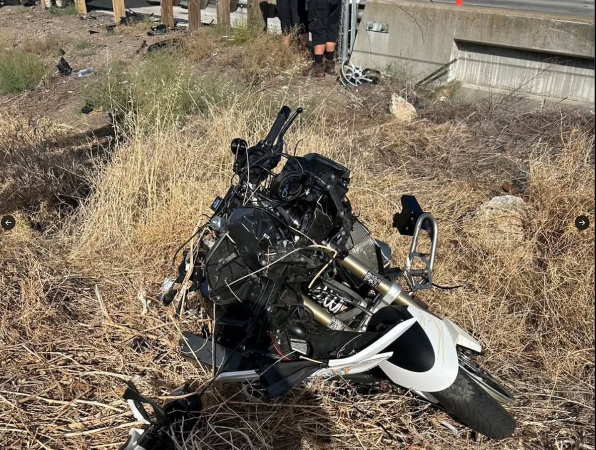 tvzuke's tweet photo. A CHP motorcycle was struck by a Hyundai Ioniq 5 on the right shoulder of eastbound I-80 at 7:42 a.m. Sunday. Moments before the crash, the CHP officer was able to run to safety and was not injured. The Ioniq 5 driver was also uninjured. The cause of the collision remains under investigation. @nbcbayarea  @ChpSolano