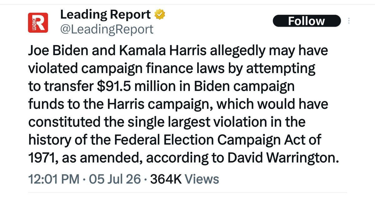 GenoVeno73's tweet photo. Dear @LeadingReport

Let me educate your stupid ass.

Biden dropped out on July 21, 2024, endorsing Harris, and the campaign committee filed paperwork renaming itself "Harris for President."
At the time, the committee had roughly $91–96 million in cash on hand.

FEC rules and practice state bcos Harris was already Biden’s running mate, the joint Biden-Harris principal campaign committee ALLOWED the funds to transfer/roll over to her upon Biden’s withdrawal (as long as she remained on the Democratic ticket).

This is supported by long-standing FEC guidance on shared committees for presidential tickets.

👇👇👇👇