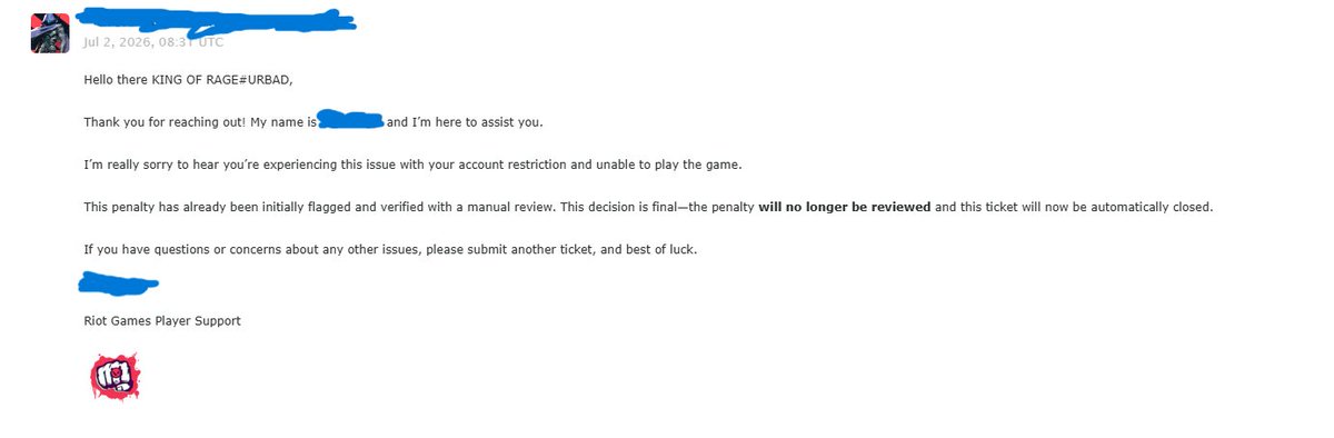 WarframeExposed's tweet photo. They should really stop. It's losing them money. Like even when I get unbanned, that new rogue vandal is pretty sick, but I'm gonna think thrice before buying it bc I know how they treat the playerbase. Do I really wanna support a game that neglects players, and hand out permanent and 1 year bans like candy? Do I wanna support a game that uses AI support agents that instantly close your tickets? I don't think so. So maybe I'll just stick to picking em off the ground until Riot starts providing better support for banned players.